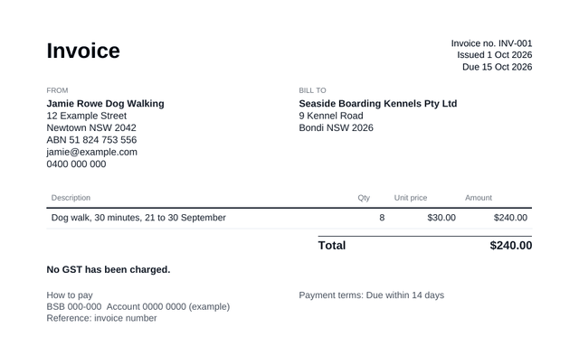 Example invoice made with the maker: dog walking, 8 walks at $30.00, total $240.00, headed Invoice, with no GST added